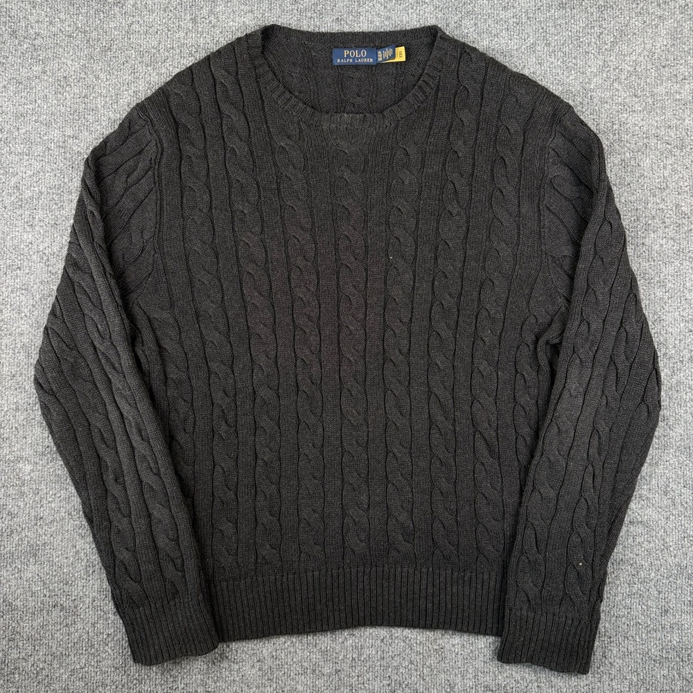 Polo Ralph Lauren Cable Knit Sweater Mens XL Dark Gray Fisherman Aran Pony
